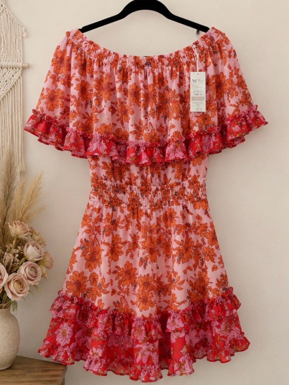 Jessica Simpson Pink Floral Off-Shoulder Dress with Orange Print